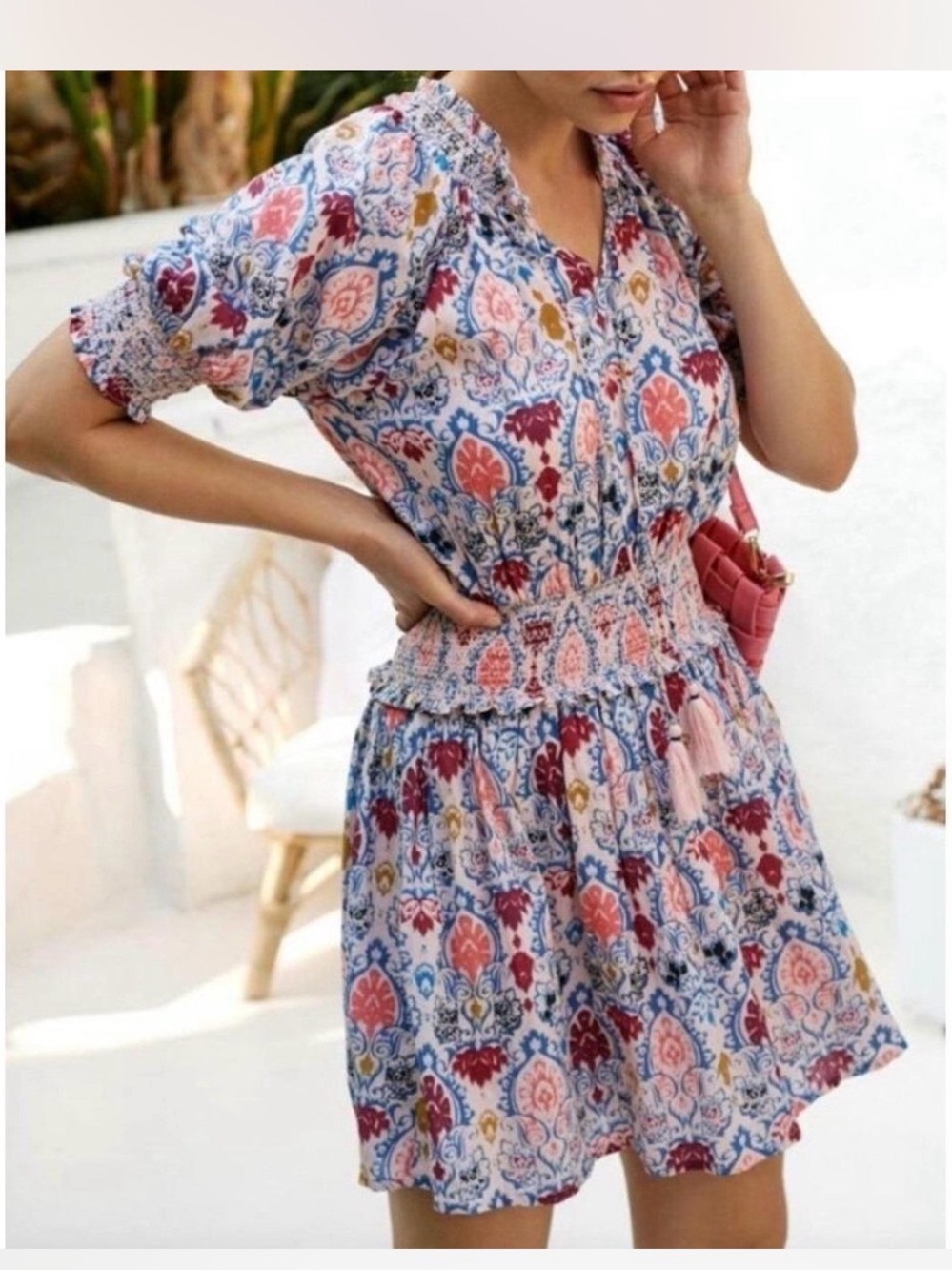 NWT Large Roller Rabbit Ikat Paisley Fiorella Smocked Puff Sleeve Dress